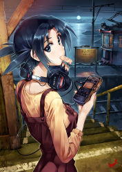 Rule 34 | 1girl, blue eyes, blue hair, cable, digital media player, full moon, headphones, headphones around neck, long hair, looking back, matching hair/eyes, moon, moonlight, mouth hold, night, overalls, scenery, solo, sony, streetcar, ticket, train, train station, vania600