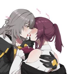 Rule 34 | 2girls, absurdres, after kiss, blush, gloves, grabbing another&#039;s chin, grey hair, hand on another&#039;s chin, highres, honkai: star rail, honkai (series), kafka (honkai: star rail), masoq, multiple girls, purple eyes, purple hair, saliva, saliva trail, stelle (honkai: star rail), tongue, tongue out, trailblazer (honkai: star rail), yellow eyes, yuri