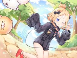 Rule 34 | 1girl, ;p, abigail williams (fate), abigail williams (traveling outfit) (fate), absurdres, balloon, black bow, black jacket, blonde hair, blue eyes, blue sky, blush, bow, closed mouth, cloud, commentary request, crossed bandaids, day, dutch angle, fate/grand order, fate (series), hair bow, hair bun, hand up, heroic spirit traveling outfit, highres, holding, holding balloon, jacket, kiri sakura, long hair, long sleeves, medjed (fate), multiple hair bows, official alternate costume, one eye closed, orange bow, outdoors, parted bangs, red footwear, shoes, single hair bun, sky, sleeves past fingers, sleeves past wrists, smile, solo, tongue, tongue out, tree, v-shaped eyebrows