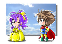 Rule 34 | 1990s (style), 1boy, 1girl, ahoge, alternate costume, blue eyes, boots, bow, brown hair, bartz klauser, cape, chibi, crossed arms, dress, elbow gloves, faris scherwiz, final fantasy, final fantasy v, gloves, hair bow, hair ribbon, naotonu, one eye closed, ponytail, popped collar, purple hair, ribbon, sarisa highwind tycoon, smile, spoilers, standing