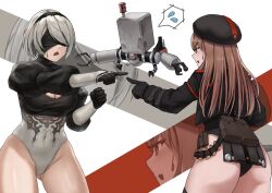 Rule 34 | 2b (nier:automata), 2girls, ammunition belt, ass, belt pouch, beret, black blindfold, black dress, black gloves, black hairband, black headwear, black jacket, black thighhighs, blindfold, boots, collared leotard, commentary request, cropped jacket, crossover, dress, feather-trimmed sleeves, gloves, gluteal fold, goddess of victory: nikke, hairband, hat, high heel boots, high heels, highres, ishikawa yui, jacket, juliet sleeves, leotard, light brown hair, long hair, long sleeves, marvel, meme, mole, mole under mouth, multiple girls, nier:automata, nier (series), o o k i n a, open mouth, pod (nier:automata), pointing, pointing spider-man (meme), pouch, puffy sleeves, rapi (nikke), short hair, standing, sweatdrop, thigh boots, thighhighs, thighhighs under boots, voice actor connection, white hair, white leotard, zoom layer