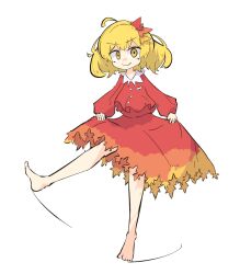 Rule 34 | 1girl, ahoge, aki shizuha, autumn leaves, barefoot, blonde hair, buttons, closed mouth, clothes lift, collar, dress, dress lift, full body, green eyes, hair ornament, highres, leaf hair ornament, leg lift, leg up, long sleeves, looking at viewer, motion lines, one-hour drawing challenge, orange dress, primsla, puffy long sleeves, puffy sleeves, short hair, simple background, smile, solo, standing, standing on one leg, touhou, white background, white collar