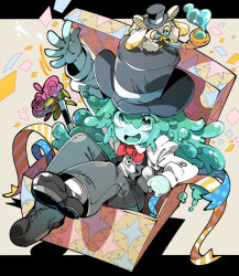 1girl arm_up black_footwear black_hair blush bow bowtie crab flower grey_eyes hat kafun long_sleeves looking_at_viewer magician monster_girl open_hand open_mouth original raised_eyebrows red_bow red_bowtie ribbon rose shirt shoes slime_girl smile smoking_pipe top_hat white_shirt