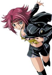 Rule 34 | 1girl, absurdres, black footwear, black jacket, black shorts, black thighhighs, blue eyes, boots, breasts, cleavage, code geass, highres, jacket, kouzuki kallen, looking at viewer, medium breasts, midriff, navel, open clothes, open jacket, order of the black knights uniform, red hair, short hair, shorts, simple background, solo, thigh boots, thighhighs, transparent background, vector trace, white background