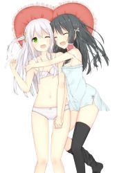 Rule 34 | 2girls, :d, bare arms, black hair, black legwear, blush, bra, breasts, chemise, closed eyes, collarbone, female focus, flat chest, green eyes, hair ornament, hair scrunchie, happy, heart, heart-shaped pillow, holding hands, hug, interlocked fingers, lingerie, long hair, lying, midriff, multiple girls, navel, off shoulder, on back, on side, one eye closed, open mouth, original, panties, pillow, scrunchie, side ponytail, simple background, smile, strap slip, thighhighs, thighhighs pull, transparent background, tsuchikure, underwear, underwear only, white background, white bra, white hair, white panties, wince, yuri