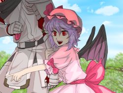 Rule 34 | 00s, 1boy, 1girl, armor, bat wings, buront, crossover, final fantasy, final fantasy xi, hat, maruman, open mouth, puffy sleeves, purple hair, red eyes, remilia scarlet, short hair, the iron of yin and yang, touhou, umbrella, vampire, wings