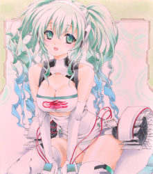 Rule 34 | 1girl, :d, bad id, bad pixiv id, blue hair, breasts, cleavage, cowboy shot, elbow gloves, gloves, goodsmile company, goodsmile racing, green eyes, green hair, hatsune miku, headphones, large breasts, leotard, long hair, looking at viewer, marker (medium), matching hair/eyes, millipen (medium), open mouth, pastel (medium), race queen, racing miku, racing miku (2014), ren (endscape20), sitting, smile, solo, thighhighs, traditional media, twintails, vocaloid