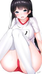 Rule 34 | 1girl, :d, aqua eyes, ass, black hair, blunt bangs, breasts, buruma, collarbone, commentary request, feet out of frame, gym uniform, hair ornament, hairclip, highres, knees together feet apart, large breasts, long hair, medium breasts, nijisanji, open mouth, shirt, short sleeves, signature, simple background, sitting, smile, solo, sweat, thighhighs, thighs, tsukino mito, virtual youtuber, wet, white background, white shirt, white thighhighs, yori dai
