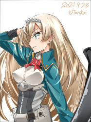Rule 34 | 1girl, blonde hair, blue jacket, commentary request, dated, flower, jacket, kantai collection, long hair, long sleeves, looking to the side, military, military uniform, one-hour drawing challenge, profile, red flower, red rose, rose, simple background, solo, tiara, torikai a, twitter username, uniform, upper body, victorious (kancolle), white background