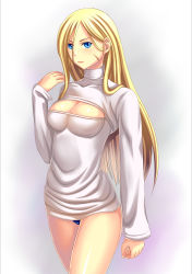 Rule 34 | 1girl, blonde hair, blue eyes, blue panties, breasts, cammy white, cleavage, cleavage cutout, clothing cutout, cowboy shot, hair down, highres, long hair, looking at viewer, medium breasts, meme attire, open-chest sweater, panties, pantyshot, ribbed sweater, ryourou (edexigerero), scar, solo, standing, street fighter, sweat, sweater, turtleneck, underwear