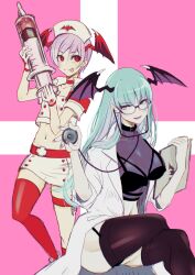 Rule 34 | 2girls, animal print, bat print, black thighhighs, breasts, buttons, coat, collarbone, doctor, garter straps, glasses, gloves, green eyes, green hair, hat, head wings, holding, holding stethoscope, holding syringe, large syringe, lilith aensland, looking at viewer, morrigan aensland, multiple girls, nurse cap, open clothes, open coat, oversized object, pink background, purple hair, purple nails, red eyes, red thighhighs, rosie rosie, sitting, stethoscope, syringe, thigh strap, thighhighs, vampire (game), white coat, white gloves, wings