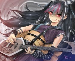 Rule 34 | 1girl, artist name, asymmetrical gloves, black hair, black nails, blue hair, closed mouth, commentary request, danganronpa (series), danganronpa 2: goodbye despair, dated, dress, ear piercing, fake horns, from below, gloves, guitar, hair horns, highres, horns, instrument, jewelry, long hair, looking at viewer, mioda 69ch, mioda ibuki, multicolored hair, nail polish, necklace, piercing, pink eyes, pink hair, purple dress, red eyes, ring, sleeveless, sleeveless dress, solo, tongue, tongue out, uneven gloves, upper body, white hair, wrist cuffs