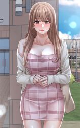 Rule 34 | 1girl, bag, blonde hair, blue sky, blush, brown eyes, circles, city, day, dress, embarrassed, emma kim, long hair, looking at viewer, open mouth, park, pink dress, sky, very long hair