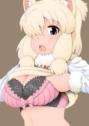 Rule 34 | 1girl, alpaca ears, alpaca suri (kemono friends), animal ear fluff, animal ears, bagua zhang, blonde hair, bow, bow bra, bra, breasts, brown background, cleavage, clothes lift, commentary request, extra ears, frilled bra, frills, fur collar, grey eyes, hair bun, kemono friends, lifted by self, long sleeves, looking at viewer, medium breasts, medium hair, neck ribbon, open mouth, ribbon, shirt, shirt lift, sidelocks, simple background, single hair bun, solo, stomach, teeth, underwear, upper body, upper teeth only, vest