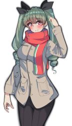 Rule 34 | 1girl, absurdres, anchovy (girls und panzer), black pants, black ribbon, blush, casual, closed mouth, coat, commentary, cowboy shot, drill hair, girls und panzer, green hair, grey coat, hair ribbon, hand in own hair, highres, kshimu, long hair, long sleeves, looking at viewer, pants, red eyes, red scarf, ribbon, scarf, simple background, smile, solo, standing, twin drills, twintails, white background