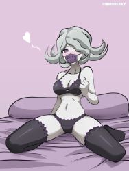 Rule 34 | 1girl, arm support, bare shoulders, black panties, black thighhighs, blush, breasts, cleavage, clenched hand, collarbone, commentary, danganronpa (series), danganronpa 3 (anime), english commentary, female focus, flipped hair, full body, grey background, grey hair, hair over one eye, hand up, heart, highres, kimura seiko, large breasts, long hair, looking at viewer, mask, mosbles (mosbles7), mouth mask, navel, no shoes, on bed, panties, simple background, sitting, solo, thighhighs, underwear, wariza