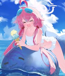 Rule 34 | &gt; &lt;, 1girl, ahoge, aji aji nori, bikini, blue archive, blue sky, blush, cloud, day, eyewear on head, facing viewer, food, frilled bikini, frills, hair between eyes, hair bobbles, hair ornament, highres, holding, holding food, hoshino (blue archive), hoshino (swimsuit) (blue archive), ice cream, ice cream cone, inflatable toy, long hair, low twintails, open mouth, outdoors, pink hair, sky, solo, sunglasses, sweat, swimsuit, twintails, twitter username, very long hair, water, white bikini