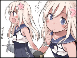 Rule 34 | 10s, 1girl, blonde hair, blue eyes, crop top, flower, hair flower, hair ornament, kantai collection, long hair, one-piece tan, ro-500 (kancolle), sailor collar, school swimsuit, suka, swimsuit, swimsuit under clothes, tan, tanline, torpedo