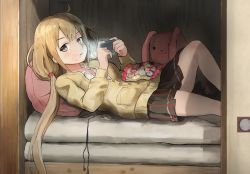 Rule 34 | 1girl, ahoge, ari hinoko, black eyes, black skirt, buttons, candy, candy wrapper, chewing, commentary request, earbuds, earphones, earphones removed, food, futaba anzu, handheld game console, highres, holding, idolmaster, idolmaster cinderella girls, light, long hair, long sleeves, looking at viewer, low twintails, lying, on back, on bed, pillow, playstation portable, pleated skirt, skirt, solo, stuffed animal, stuffed rabbit, stuffed toy, sweater, twintails, wrapper