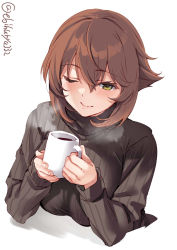 Rule 34 | 1girl, alternate costume, blush, breasts, brown hair, closed mouth, coffee cup, coffee mug, cup, disposable cup, ebifurya, green eyes, hair between eyes, highres, holding, holding cup, kantai collection, large breasts, long sleeves, looking at viewer, mug, mutsu (kancolle), one-hour drawing challenge, one eye closed, ribbed sweater, short hair, simple background, smile, solo, steam, sweater, turtleneck, turtleneck sweater, twitter username, upper body, white background