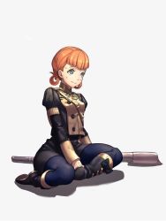 Rule 34 | 1girl, annette fantine dominic, axe, black footwear, blue pantyhose, blunt bangs, boots, breasts, dirty, dirty clothes, dirty face, fire emblem, fire emblem: three houses, full body, garreg mach monastery uniform, grey eyes, hair rings, highres, long sleeves, moyashi mou2, nintendo, orange hair, pantyhose, shadow, short hair, simple background, sitting, skirt, small breasts, solo, sweatdrop, white background