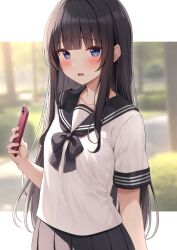 Rule 34 | 1girl, black hair, black sailor collar, blue eyes, blunt bangs, blurry, blurry background, blush, cellphone, collarbone, commentary request, holding, holding phone, karutamo, long hair, looking at viewer, open mouth, original, outside border, phone, sailor collar, school uniform, serafuku, shirt, short sleeves, solo, white shirt