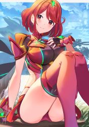 Rule 34 | 1girl, black gloves, breasts, chest jewel, earrings, fingerless gloves, gem, gloves, headpiece, highres, jewelry, large breasts, poligon (046), pyra (xenoblade), red eyes, red hair, red shorts, red thighhighs, short hair, short shorts, shorts, smile, solo, swept bangs, thighhighs, tiara, xenoblade chronicles (series), xenoblade chronicles 2