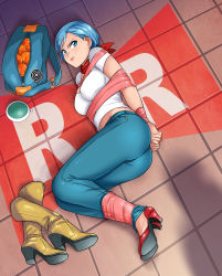Rule 34 | 1girl, abduction, absurdres, ass, bdsm, belly, blue eyes, blue hair, bondage, boots, bound, bound ankles, bound wrists, breasts, bulma, cleavage, denim, dragon ball, dragon ball (object), dragon ball super, dragon radar, earrings, feet, high heels, highres, jeans, jewelry, kidnapped, lipstick, lost one zero, makeup, navel, pants, scarf, shadow, shirt, tape, tape bondage, toes, white shirt