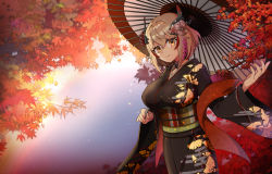 Rule 34 | 1girl, a-uto, alternate costume, autumn leaves, azur lane, breasts, brown flower, brown kimono, flower, hair flower, hair ornament, headgear, holding, holding umbrella, japanese clothes, kimono, large breasts, leaf, light brown hair, looking at viewer, maple leaf, medium hair, multicolored hair, oil-paper umbrella, outdoors, red hair, roon (azur lane), sash, solo, streaked hair, two-tone hair, umbrella, wide sleeves