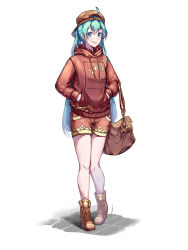Rule 34 | 1girl, alternate costume, alternate hairstyle, backwards hat, bag, baseball cap, blue eyes, blue hair, boots, copyright name, cowlick, handbag, hands in pockets, hat, hatsune miku, highres, hood, hoodie, long hair, looking at viewer, mixed-language commentary, red hoodie, red shorts, rzx0, scowl, shorts, solo, standing, vocaloid, white background
