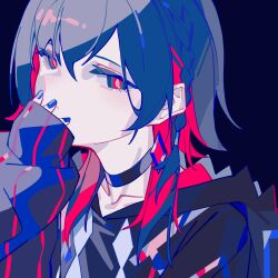 Rule 34 | 1girl, black choker, black jacket, blue background, blue eyes, blue hair, blue nails, choker, collarbone, colored inner hair, covering own mouth, fagun yibei, hair between eyes, hand to own mouth, highres, hood, hood down, hooded jacket, jacket, kamitsubaki studio, long hair, long sleeves, looking at viewer, multicolored hair, nail polish, portrait, red hair, red pupils, rim (kamitsubaki studio), sidelocks, simple background, sleeves past wrists, solo