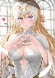 Rule 34 | 1girl, absurdres, blonde hair, blue eyes, breasts, center opening, dress, fate/apocrypha, fate/grand order, fate (series), headpiece, heart, heart hands, highres, jeanne d&#039;arc (fate), jeanne d&#039;arc (lostroom outfit) (fate), jeanne d&#039;arc (ruler) (fate), kazama (akki12), large breasts, long hair, long sleeves, looking at viewer, lostroom outfit (fate), revision, smile, solo, very long hair, white dress