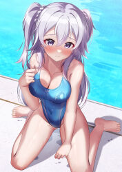 Rule 34 | 1girl, barefoot, blue one-piece swimsuit, commission, competition swimsuit, covered navel, gakusen toshi asterisk, grey hair, highleg, highleg swimsuit, highres, long hair, one-piece swimsuit, pixiv commission, pool, poolside, purple eyes, shirosaba, solo, swimsuit, toudou kirin, two side up, water, wet, wet clothes, wet swimsuit