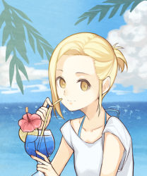 Rule 34 | 10s, 1girl, alternate costume, alternate hairstyle, bikini, bikini under clothes, blonde hair, closed mouth, cloud, cloudy sky, collarbone, cup, day, drinking glass, drinking straw, elaine, flower, food, fruit, hibiscus, holding, holding cup, lemon, lemon slice, looking at viewer, nanatsu no taizai, ocean, outdoors, red flower, shirt, short hair, short ponytail, short sleeves, sky, smile, solo, swimsuit, t-shirt, tropical drink, white shirt, yellow eyes