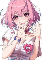 Rule 34 | 1girl, blue hair, blush, breasts, cleavage, collar, earrings, fang, heart, heart hands, heart on chest, highres, idolmaster, idolmaster cinderella girls, jewelry, large breasts, looking at viewer, multicolored hair, off shoulder, open mouth, pill earrings, pink collar, pink eyes, pink hair, ring, sena (mineruba), shirt, short hair, simple background, skeleton print, solo, two-tone hair, upper body, wavy mouth, white shirt, yumemi riamu