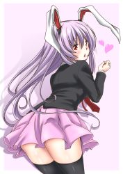 Rule 34 | 1girl, :o, animal ears, ass, black thighhighs, blazer, blush, collared shirt, cowboy shot, from behind, heart, highres, jacket, lips, long hair, looking at viewer, necktie, open mouth, purple hair, rabbit ears, red eyes, reisen udongein inaba, shirt, skirt, solo, tareme, tatsuya (guild plus), thighhighs, thighs, touhou, triangle mouth, very long hair, zettai ryouiki