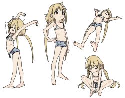 Rule 34 | 1girl, absurdres, barefoot, belly, blonde hair, blush, brown eyes, closed eyes, expressionless, flat chest, full body, futaba anzu, highres, idolmaster, idolmaster cinderella girls, imamura ryou, long hair, low twintails, multiple views, simple background, sitting, sketch, stretching, swimsuit, twintails, white background