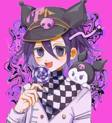 Rule 34 | 1boy, :d, black headwear, blush, buttons, candy, checkered clothes, checkered scarf, danganronpa (series), danganronpa v3: killing harmony, double-breasted, food, grey jacket, hair between eyes, highres, holding, holding candy, holding food, holding lollipop, jacket, kuromi, lollipop, looking at viewer, male focus, multicolored hair, oma kokichi, onegai my melody, open mouth, pemami (mint b 777), pink background, purple hair, sanrio, scarf, skull ornament, smile, solo, two-tone hair