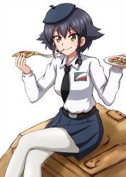 Rule 34 | 1girl, anzio school uniform, belt, beret, black belt, black hair, black hat, black necktie, black skirt, braid, brown eyes, carro veloce cv-33, closed mouth, commentary, crossed legs, dress shirt, eating, emblem, food, food in mouth, girls und panzer, hair tie, hat, highres, holding, holding food, holding plate, long sleeves, looking at viewer, military, military vehicle, miniskirt, motor vehicle, necktie, omachi (slabco), on vehicle, pantyhose, pepperoni (girls und panzer), pizza, plate, pleated skirt, school uniform, shirt, short hair, side braid, simple background, sitting, skirt, smile, solo, tank, white background, white pantyhose, white shirt