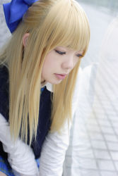 Rule 34 | 1girl, asian, blonde hair, blue eyes, blue ribbon, blurry, bow, breasts, character request, color contacts, cosplay, depth of field, dress shirt, hair bow, highres, indoors, looking down, miniskirt, namada, necktie, on floor, photo (medium), plaid, plaid skirt, pleated skirt, ribbon, school uniform, shirt, sitting, skirt, small breasts, solo, sweater vest, thighhighs, white shirt, window, zettai ryouiki