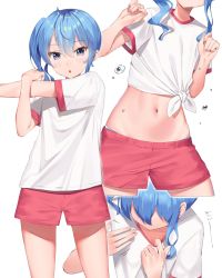 Rule 34 | 1girl, blue eyes, blue hair, cross-body stretch, highres, hololive, hoshimachi suisei, k mugura, long hair, looking at viewer, midriff, multiple views, navel, parted lips, red shorts, shirt, short shorts, short sleeves, shorts, side-tie shirt, side ponytail, stomach, sweat, virtual youtuber, white shirt