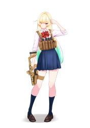 Rule 34 | 1girl, absurdres, aizawa ema, alternate costume, black socks, blonde hair, blue eyes, blue skirt, blunt bangs, bow, bowtie, brown footwear, collared shirt, dress shirt, gradient hair, green hair, hair flaps, highres, holding, holding weapon, holster, kneehighs, loafers, long hair, long sleeves, looking at viewer, miniskirt, multicolored hair, nouto, pleated skirt, red bow, red bowtie, shirt, shoes, simple background, skirt, sleeves rolled up, smile, socks, solo, thigh holster, very long hair, virtual youtuber, vspo!, weapon, white background, white shirt, wing collar