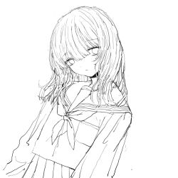 Rule 34 | 1girl, arms at sides, closed mouth, expressionless, greyscale, hair between eyes, highres, long hair, long sleeves, looking at viewer, monochrome, neckerchief, noroi (rnatataki), original, pleated skirt, sailor collar, school uniform, serafuku, shirt, simple background, skirt, solo, upper body, white background