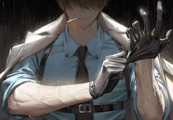 Rule 34 | 1boy, adjusting clothes, adjusting gloves, black gloves, black necktie, blonde hair, chest belt, cigarette, collared shirt, gloves, hair over eyes, jacket, jacket on shoulders, leather, leather gloves, male focus, necktie, one piece, rain, runa (nori31291404), sanji (one piece), shirt, short hair, sleeves rolled up, smile, smoking, solo, tight clothes, tight shirt, upper body, veins