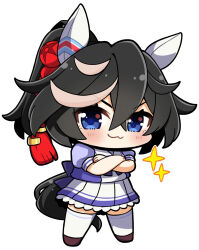 Rule 34 | 1girl, :3, animal ears, back bow, black hair, blue eyes, blush, bow, brown footwear, chibi, closed mouth, commentary request, crossed arms, ear covers, full body, hair between eyes, hair ornament, highres, horse ears, horse girl, horse tail, katsuragi ace (umamusume), looking at viewer, medium hair, multicolored hair, petticoat, pleated skirt, plover, ponytail, puffy short sleeves, puffy sleeves, purple bow, purple shirt, school uniform, shirt, short sleeves, simple background, skirt, solo, sparkle, streaked hair, summer uniform, tail, thighhighs, tracen school uniform, umamusume, white background, white hair, white skirt, white thighhighs