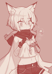 Rule 34 | 1girl, animal ear fluff, animal ears, arknights, bandaged arm, bandages, bare shoulders, blush, candy, cloak, commentary request, cowboy shot, ear piercing, eating, fingerless gloves, flower, food, fox ears, fox tail, gloves, groin, hair between eyes, hair ornament, hairclip, halloween, highres, holding, holding candy, holding food, jewelry, looking down, material growth, midriff, mitake eil, monochrome, navel, necklace, notched ear, originium (arknights), oripathy lesion (arknights), piercing, prosthesis, prosthetic arm, shirt, short hair, short shorts, shorts, sidelocks, signature, simple background, single fingerless glove, sitting, solo, strapless, strapless shirt, tail, tooth necklace, vermeil (arknights)