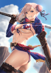 Rule 34 | 1girl, american flag bikini, ass, asymmetrical hair, belt, bikini, blue eyes, blue sky, blush, breasts, brown gloves, bun cover, choker, cleavage, collarbone, day, elbow gloves, fate/grand order, fate (series), fingerless gloves, flag print, front-tie bikini top, front-tie top, gloves, grin, gunblade, hair bun, highres, large breasts, long hair, looking at viewer, miyamoto musashi (fate), miyamoto musashi (fate/grand order), miyamoto musashi (swimsuit berserker) (fate), miyamoto musashi (swimsuit berserker) (second ascension) (fate), mugetsu2501, navel, pink hair, revision, shrug (clothing), single hair bun, sky, smile, solo, sunlight, swept bangs, swimsuit, thighhighs, thighs, weapon