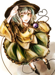 Rule 34 | 1girl, :d, bad id, bad pixiv id, blouse, dutch angle, eyeball, frilled skirt, frilled sleeves, frills, from above, full body, green eyes, hat, heart, heart of string, jan (lightdragoon), komeiji koishi, long sleeves, looking at viewer, open mouth, shirt, short hair, simple background, sketch, skirt, smile, solo, third eye, touhou, wavy hair, white background, wide sleeves