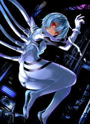 Rule 34 | 1girl, ass, ayanami rei, blue hair, bodysuit, breasts, cable, commentary request, dark background, from side, full body, highres, kumakou, looking at viewer, neon genesis evangelion, plugsuit, red eyes, short hair, solo, tagme, white bodysuit