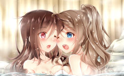 Rule 34 | 10s, 2girls, ;d, ;o, alternate hairstyle, asakaze (kancolle), back, bare shoulders, baretto, baretto (firearms 1), bath, bathing, blue eyes, blush, bow, breast press, breasts, brown hair, cheek-to-cheek, chestnut mouth, collarbone, eye contact, female focus, hair bow, hair down, hair up, harukaze (kancolle), heads together, kantai collection, light brown hair, long hair, looking at another, multiple girls, naked towel, neck, one eye closed, onsen, open mouth, partially submerged, ponytail, red eyes, round teeth, smile, steam, submerged, symmetrical docking, teeth, towel, upper body, water, wavy hair, wince, wink, wooden wall, yuri